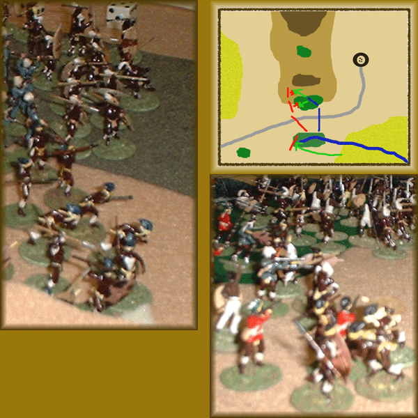 At left the Dabolu troops go to ground in the north.  At right, the Dabolus close with the rugaruga in the south.